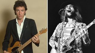 LEFT: Bruce Springsteen, in a black blazer, holds the Fender Esquire that he used in recording sessions and concerts from 1975 onward. RIGHT: Chris Thompson guitar and vocals of Manfred Mann's Earth Band Cardiff Castle Gig supporting Queen 10/9/1976 