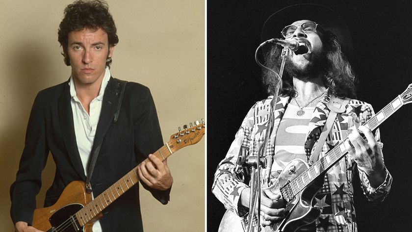 LEFT: Bruce Springsteen, in a black blazer, holds the Fender Esquire that he used in recording sessions and concerts from 1975 onward. RIGHT: Chris Thompson guitar and vocals of Manfred Mann&#039;s Earth Band Cardiff Castle Gig supporting Queen 10/9/1976 