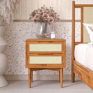 Bme Oliver Solid Wood Rattan Nightstand/side Table/end Table, Fully Assembled, for Bohemian 
Mid Century Style Bedroom and Living Room, Caramel