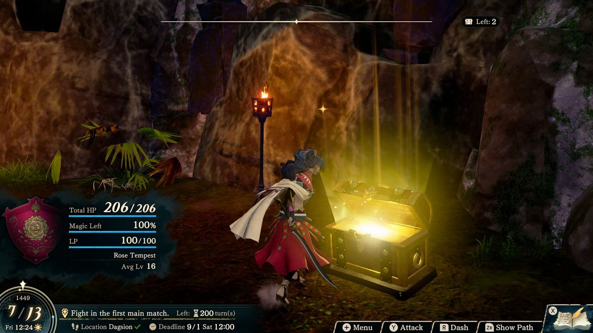 Leda opens a glowing chest in Fire Emblem: Fortune's Weave