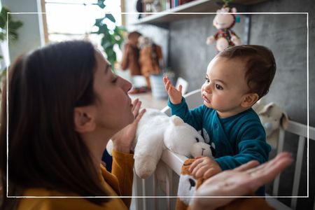 Baby development milestones illustrated by woman talking to a baby