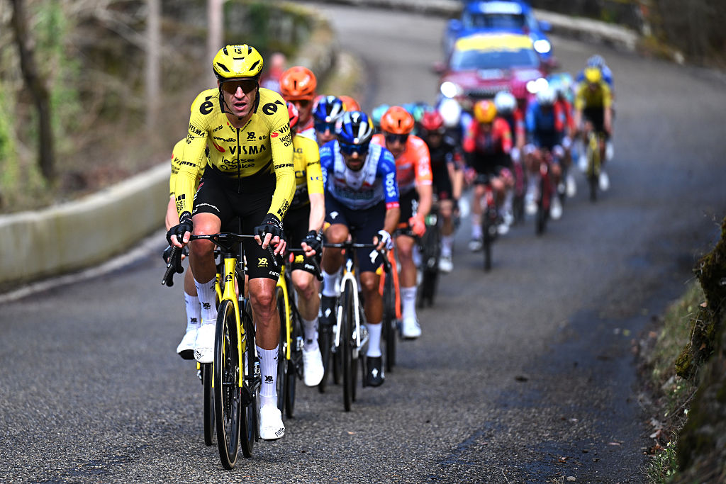 NICE, FRANCE - MARCH 15: Bruno Armirail of France and Team Visma | Lease a Bike leads the peloton during the 84th Paris-Nice 2026, Stage 8 a 129.2km stage from Nice to Nice / #UCIWT / on March 15, 2026 in Nice, France. (Photo by Szymon Gruchalski/Getty Images)