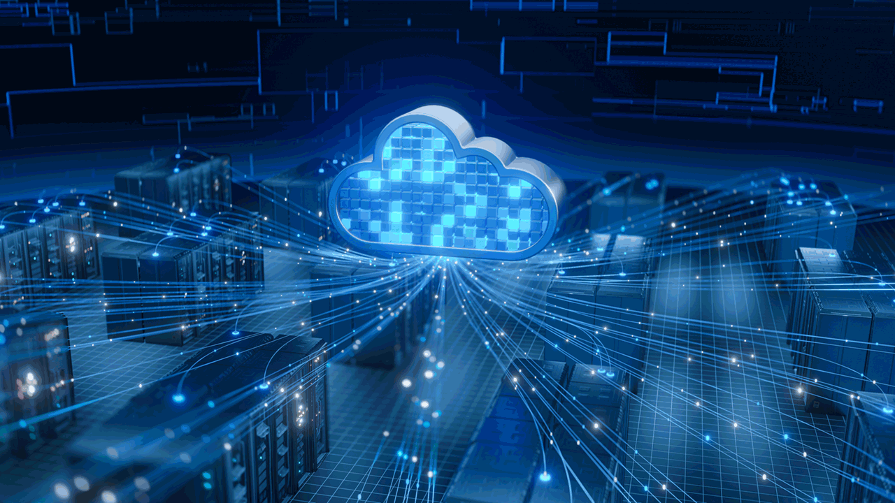 Cloud computing symbol connects to server datacenter network