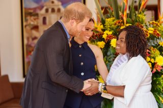 Prince Harry and Meghan Markle are welcomed to Colombia by Vice President Francia Márquez at her official residence on August 15, 2024 in Bogota, Colombia.