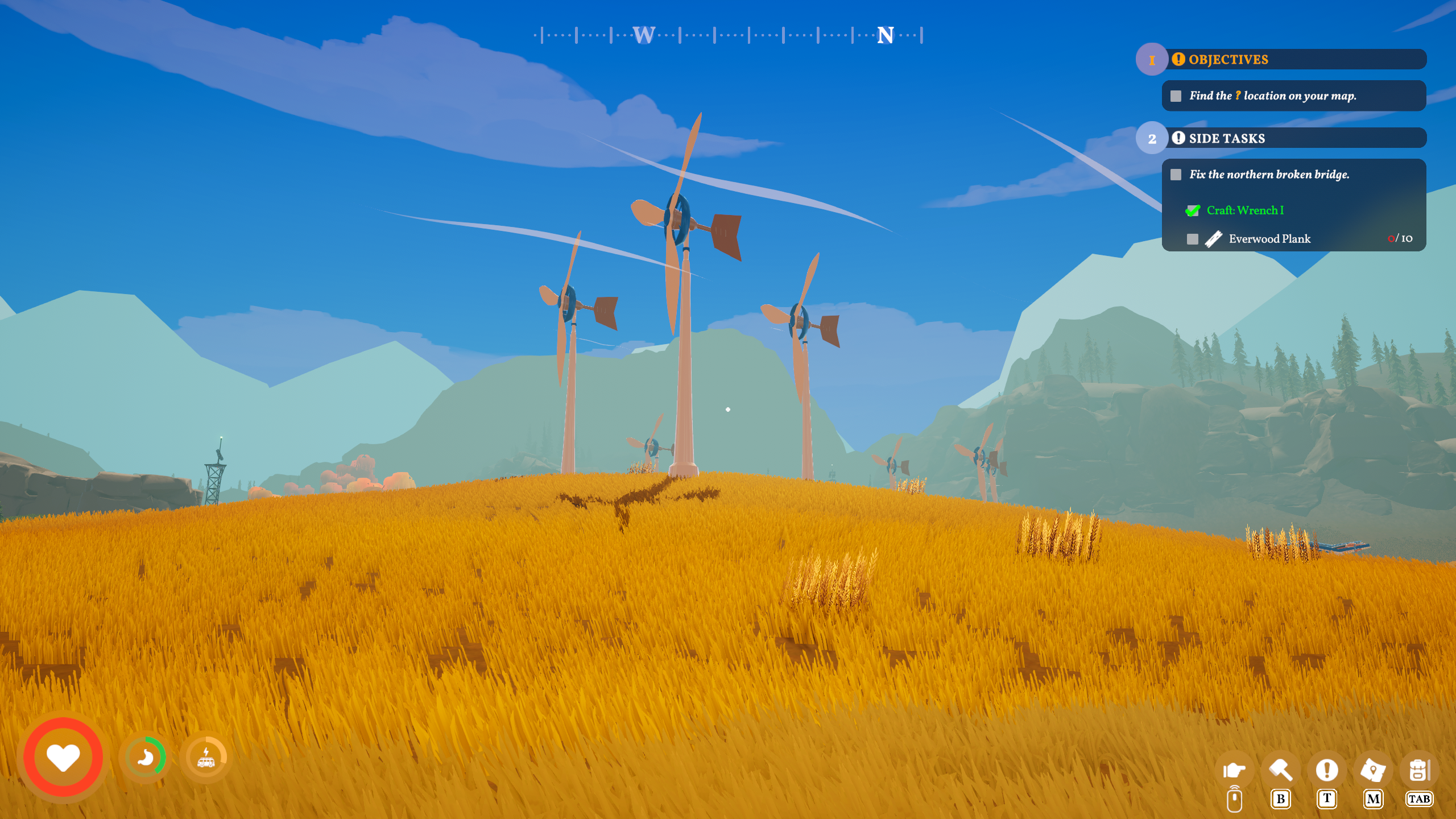 Screenshot from Outbound: shot of wind turbines in wheat field with mountains and blue sky in background