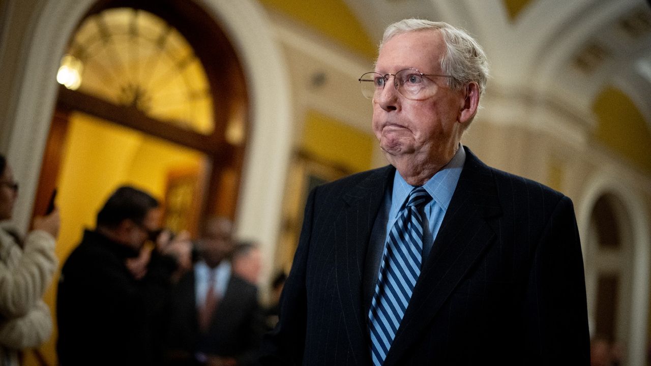 U.S. Senate Minority Leader Mitch McConnell (R-KY) arrives for a news conference following the weekly Senate Republican policy luncheon at the U.S. Capitol on November 19, 2024