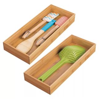 mDesign Wooden Bamboo Kitchen Drawer Organizer Box Tray with colorful utensils