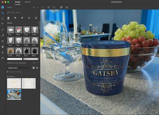 Adobe Dimension screenshot shows a kitchen counter with grapes, glassware and a beautifully designed Gatsby champagne ice cream tub