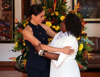 Meghan, Duchess of Sussex is welcomed to Colombia by Vice President Francia Márquez at her official residence on August 15, 2024 in Bogota, Colombia.