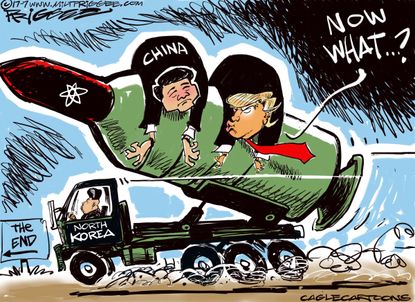 Political cartoon U.S. Trump China North Korea missiles