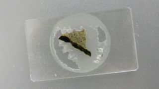 This is an example of one of the thin slices of rock that scientists prepared using special epoxy, to ensure the rock held its shape while it was cut.