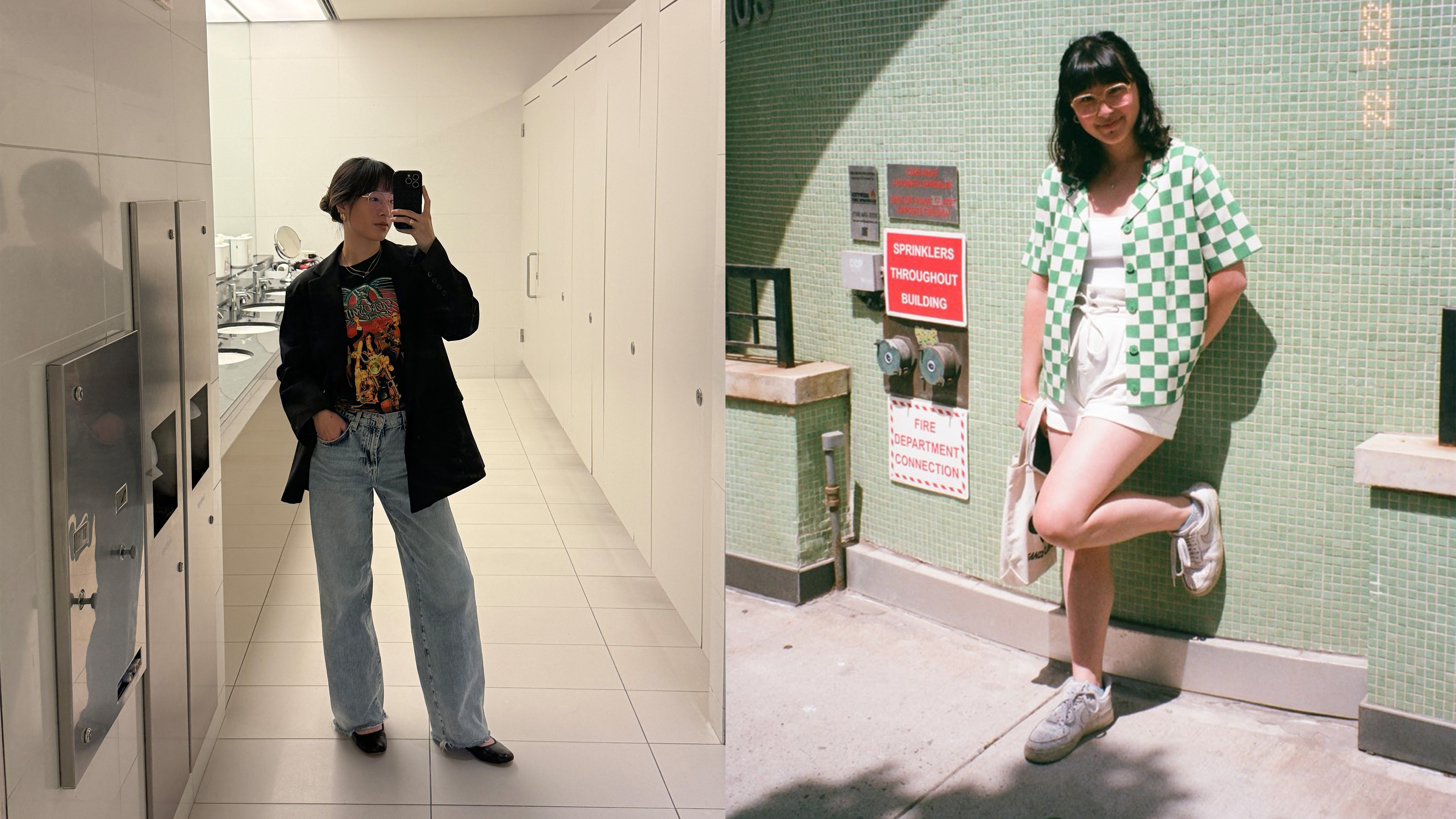 Kristina Ang on the left wearing a blazer, band tee, and jeans. Alexandria Ang on the right wearing a green checked shirt with white shorts and sneakers.