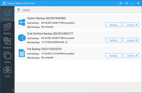 The Hasleo Backup Suite home tab.