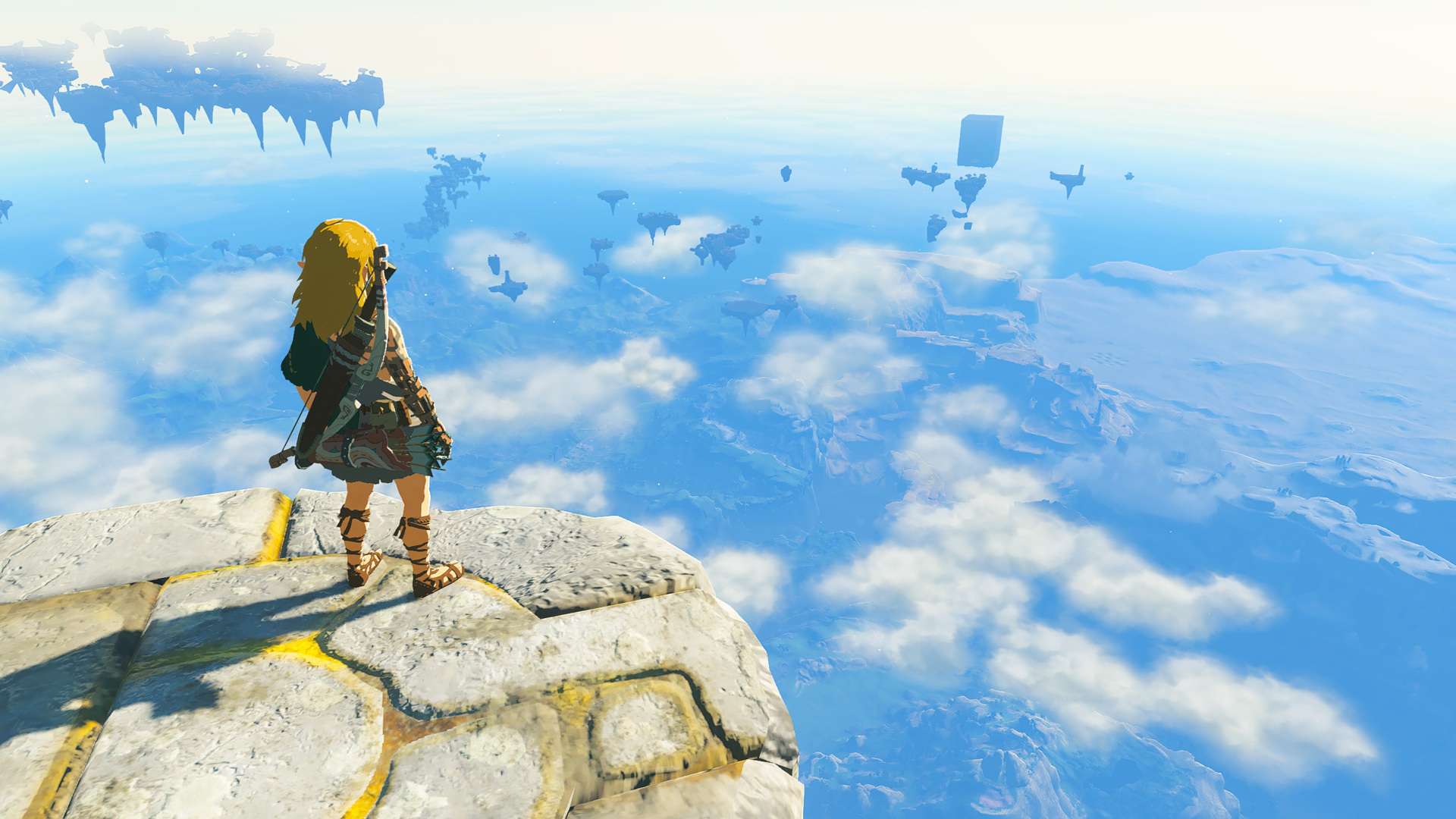 In Legend of Zelda: Tears of the Kingdom, Link looks out over Hyrule from up in the clouds