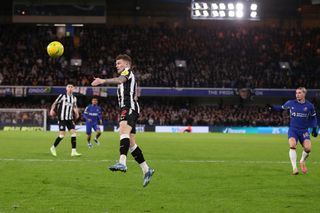 Kieran Trippier of Newcastle United fails a header back to the keeper leading to a last minute equaliser from Chelsea scored by Mykhailo Mudryk during the Carabao Cup Quarter Final match between Chelsea and Newcastle United at Stamford Bridge on December 19, 2023