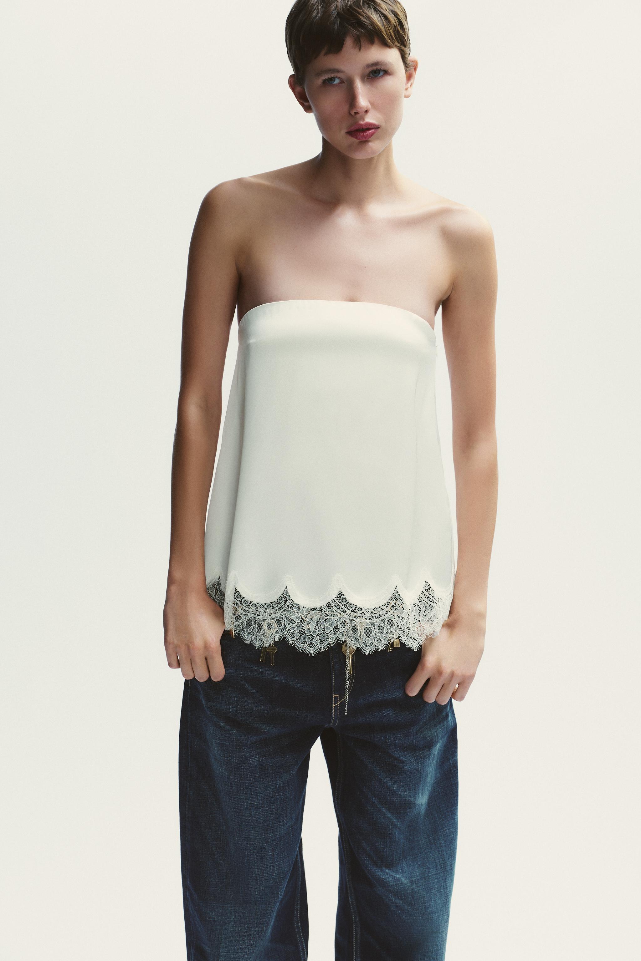 Satin Bandeau Top With Lace