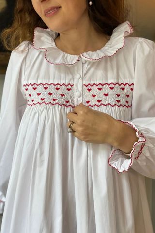 Nightingale Women's Dress Moonstone With Red Hearts Hand Smocking