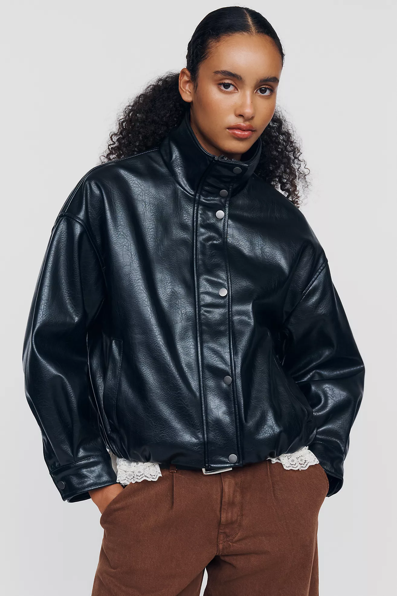 Pilcro Funnel-Neck Faux-Leather Bomber Jacket