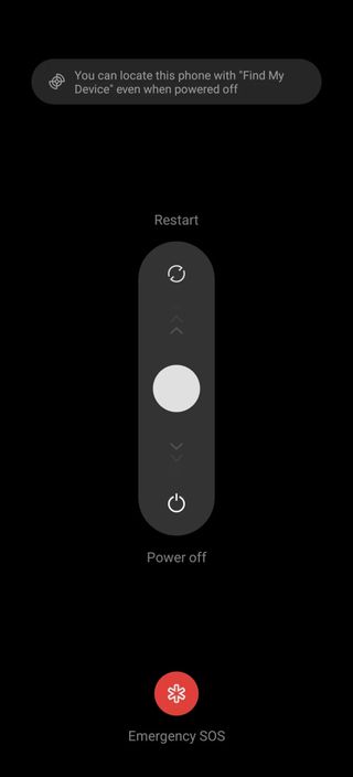 A screenshot of the OxygenOS 15 power menu explaining that Find My Device works when the phone is powered off