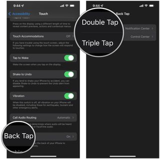 How to use the Back Tap gesture on iPhone by showing: Tap Back Tap at the bottom, tap Double Tap or Triple Tap to set an action