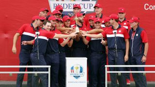 Team United States celebrates with the Ryder Cup after defeating Team Europe 19 to 9 at Whistling Straits