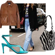 Image of WWW Editor Eliza Huber by Stephanie Geddes in a Kallmeyer Coat. Collage of Khaite Mini Lotus Tote, Khaite Liria Ankle Strap Sandals, and Nour Hammour Runa Paneled Leather Bomber Jacket.