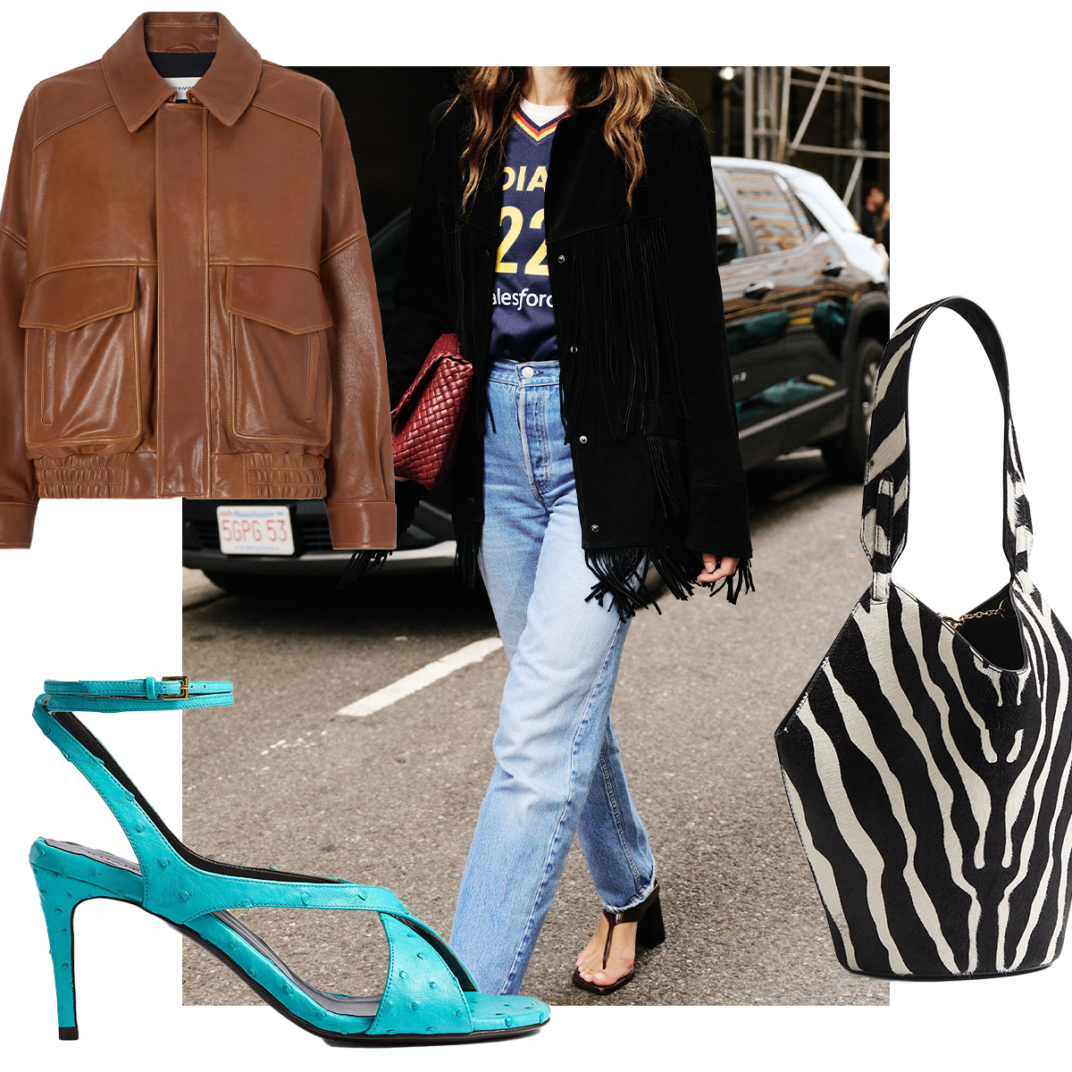 Image of WWW Editor Eliza Huber by Stephanie Geddes in a Kallmeyer Coat. Collage of Khaite Mini Lotus Tote, Khaite Liria Ankle Strap Sandals, and Nour Hammour Runa Paneled Leather Bomber Jacket.