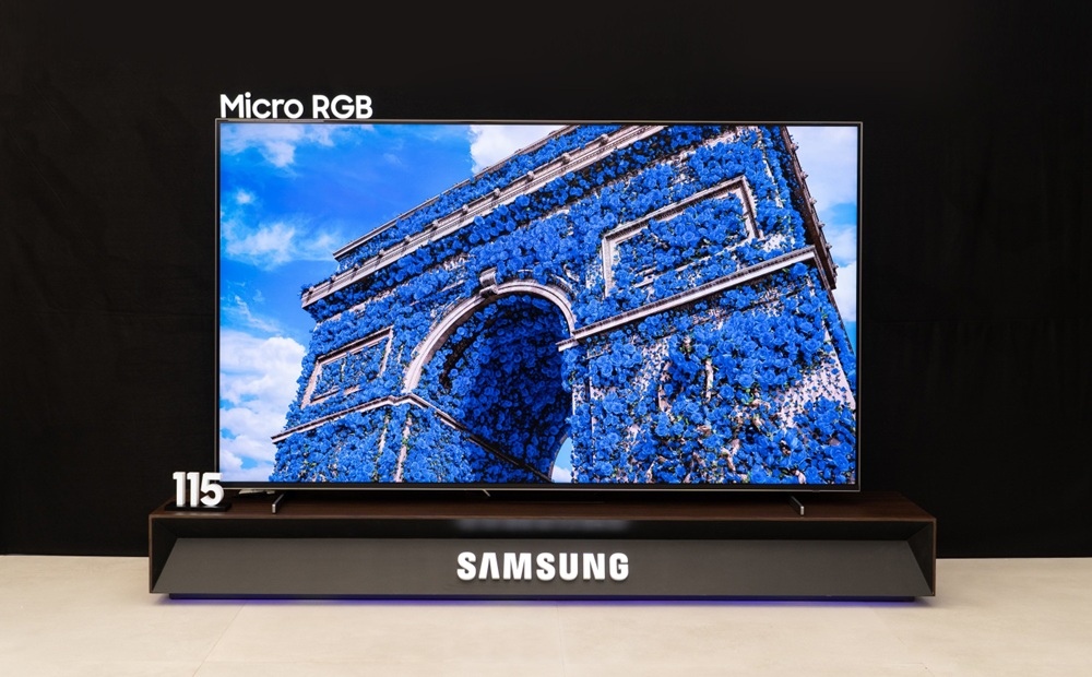 Samsung's 115-inch Micro RGB TV displaying a very blue image of the Arc de Triomphe