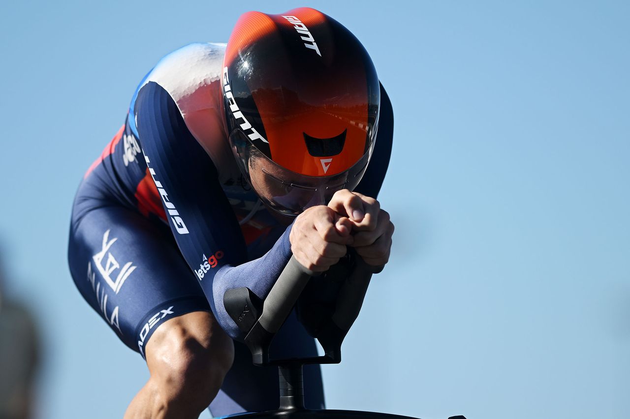 MADRID, SPAIN - SEPTEMBER 08: Mauro Schmid of Switzerland and Team Jayco AlUla sprints during the La Vuelta - 79th Tour of Spain 2024, Stage 21 a 24.6km individual time trial stage from Madrid to Madrid / #UCIWT / on September 08, 2024 in Madrid, Spain. (Photo by Dario Belingheri/Getty Images)