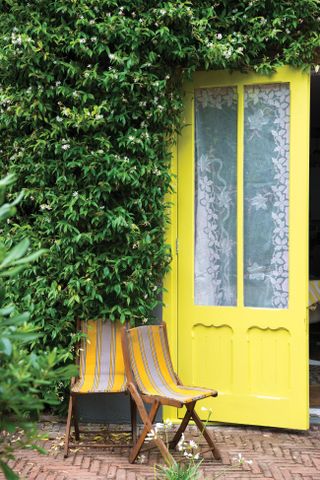 Farrow & Ball Yellowcake door in a garden