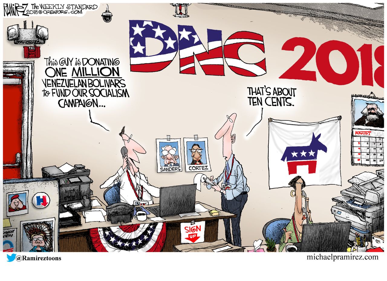 Political cartoon U.S. DNC funding socialism Venezuela inflation