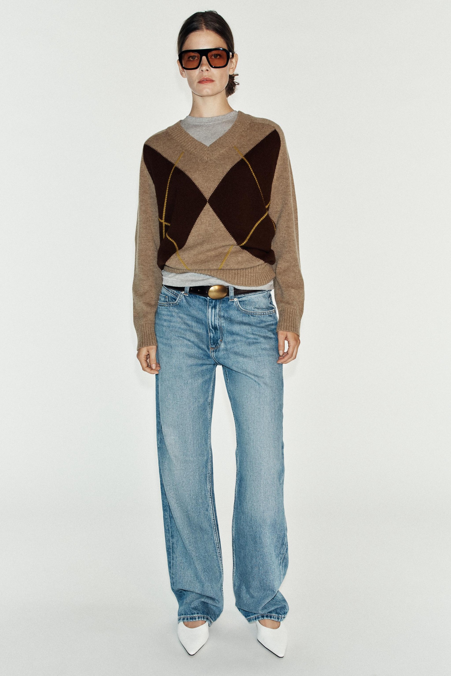 Argyle Knit Jumper - Mid-Camel - S