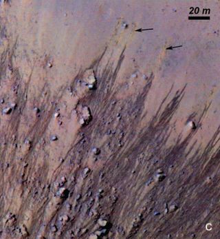 These slopes carved in Horowitz crater on Mars suggest the Red Planet might current host liquid water. Colors have been strongly enhanced to show the subtle differences, including light orange streaks (black arrows) in the upper right that may mark faded lines.