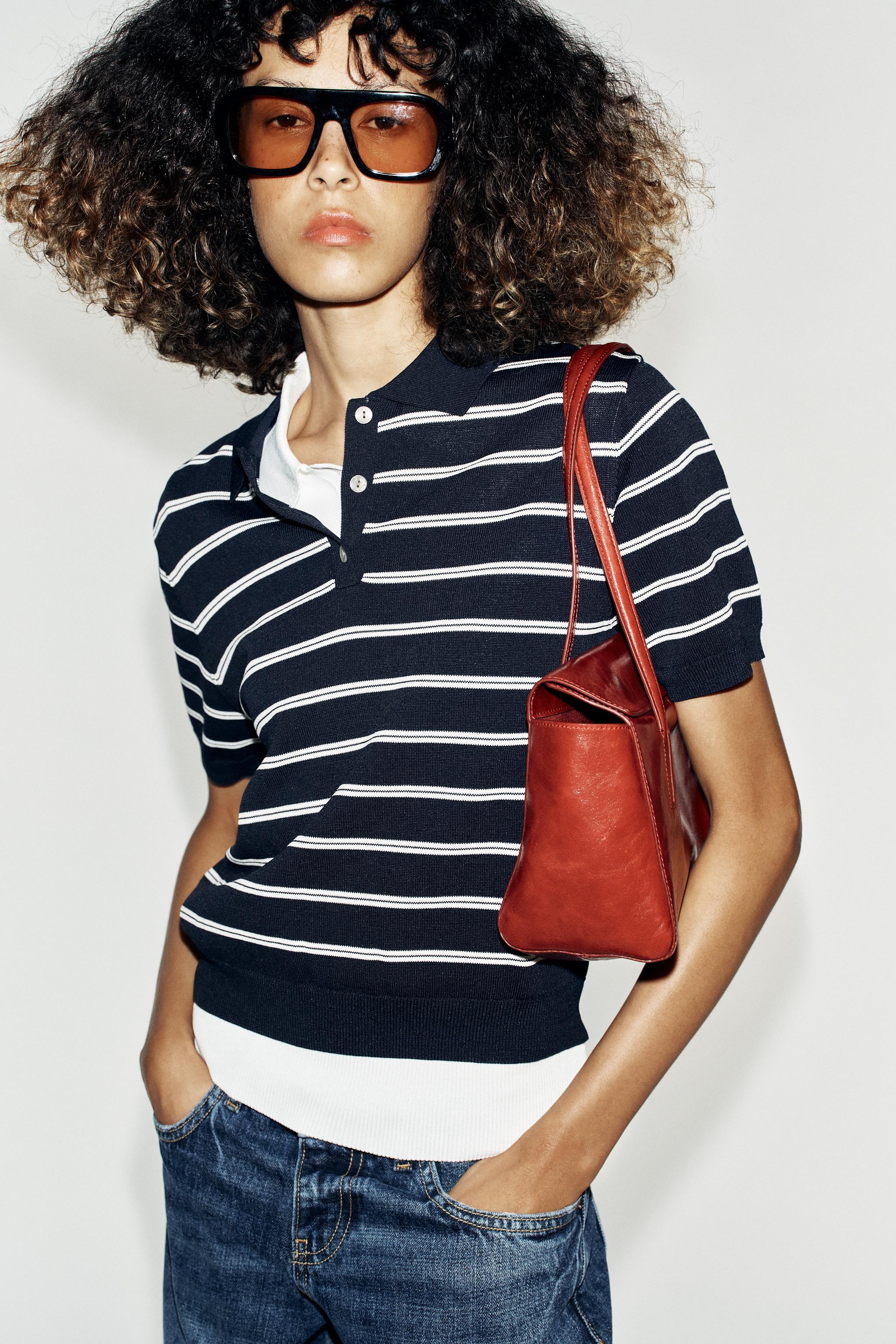 Short Sleeve Striped Knit Polo - Navy Blue - S