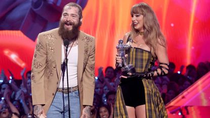 Post Malone and Taylor Swift accept the Best Collaboration award for &quot;Fortnight&quot; on stage during the 2024 MTV Video Music Awards at UBS Arena on September 11, 2024 in Elmont, New York.