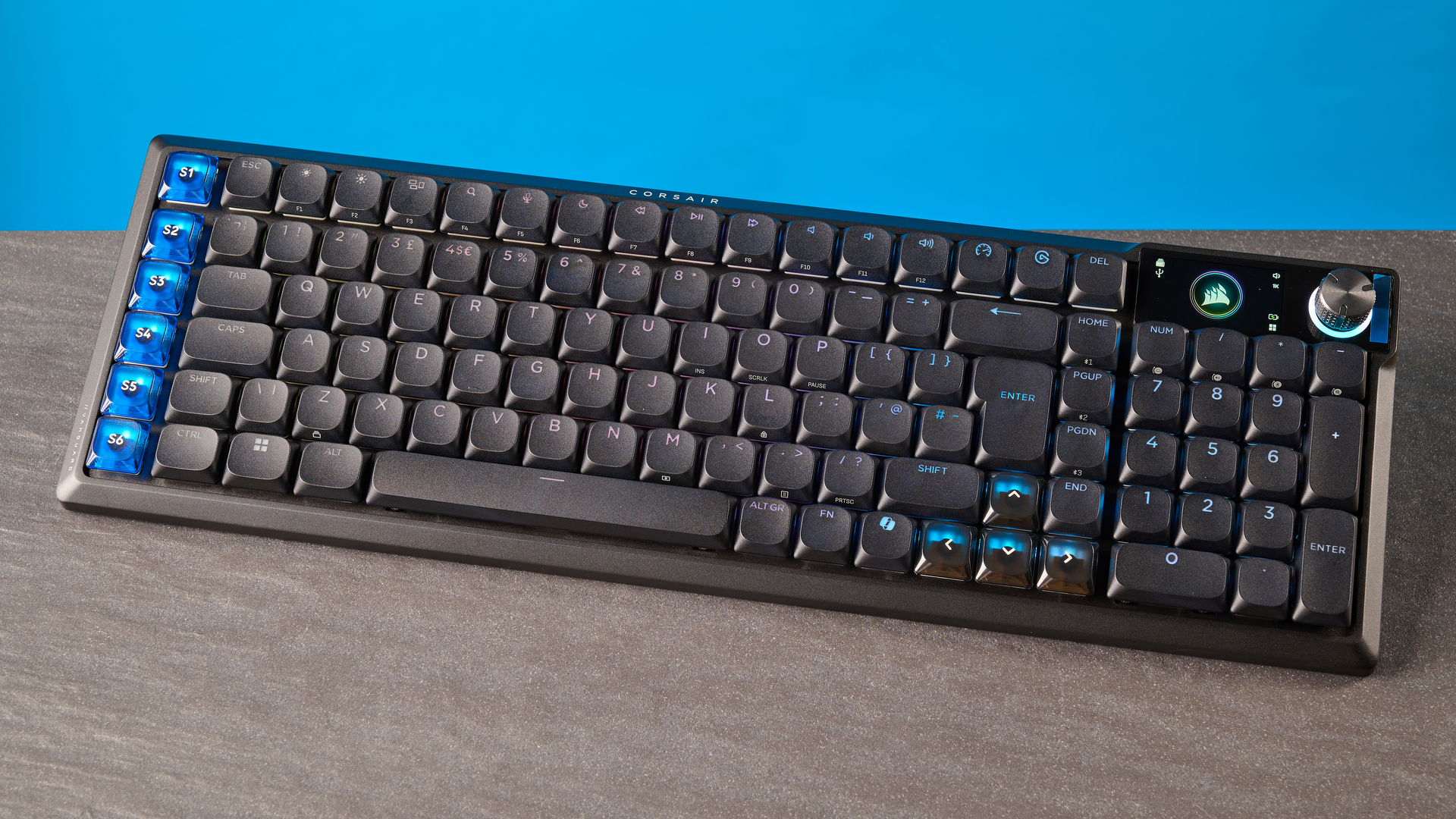 A black Corsair Vanguard Air 99 Wireless low-profile mechanical keyboard