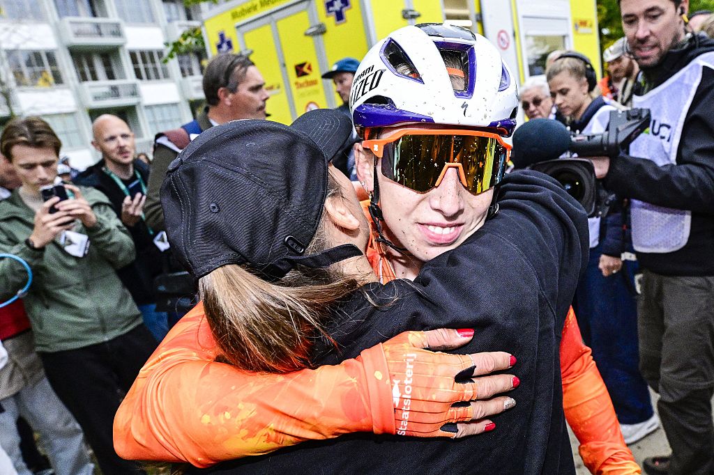 Dutch Lorena Wiebes celebrates after winning the women elite race at the UCI World Gravel Championships, Saturday 11 October 2025, in Maastricht, The Netherlands. BELGA PHOTO DIRK WAEM (Photo by DIRK WAEM / BELGA MAG / Belga via AFP) (Photo by DIRK WAEM/BELGA MAG/AFP via Getty Images)