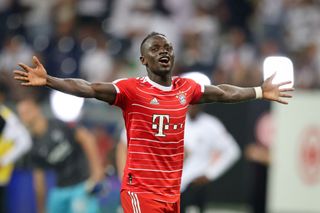 Sadio Mane of Bayern Muenchen celebrate with the fans after their sides victory the Bundesliga match between Eintracht Frankfurt and FC Bayern München at Deutsche Bank Park on August 05, 2022 in Frankfurt am Main, Germany.