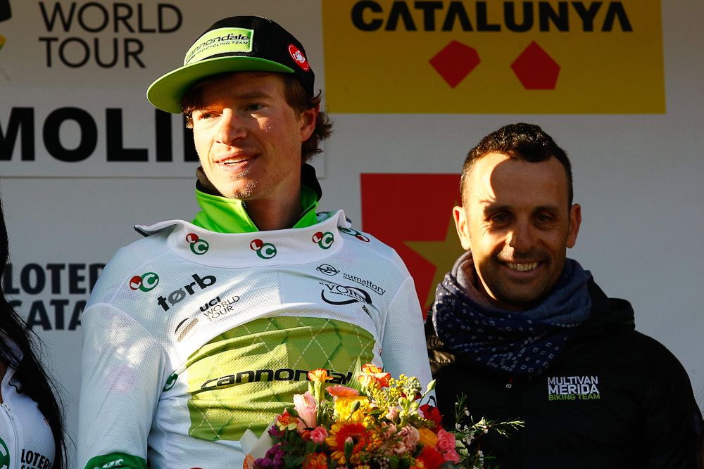 Ben King (Cannondale) in white on the stage 3 podium at Volta a Catalunya.