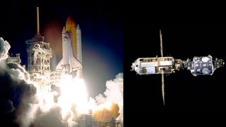 two images. one on the left is a space shuttle launching at night; on the right, a capsule floating in space