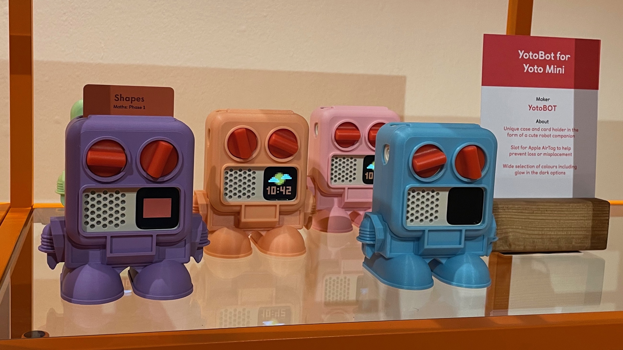 Four Yoto Mini players in YotoBot cases, making them look like mini robots.