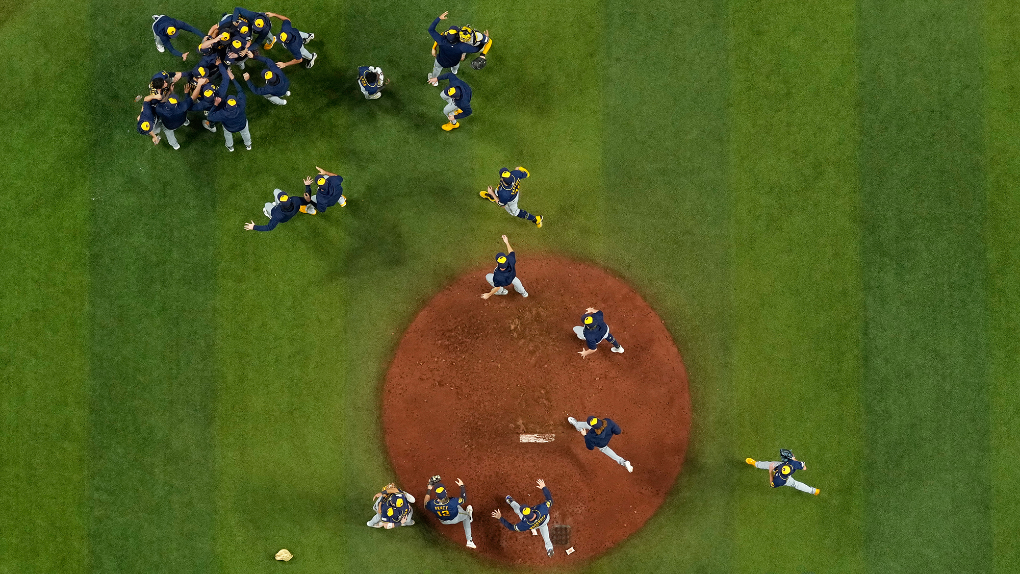 The Milwaukee Brewers celebrate after winning baseball's World Series against the Tampa Bay Rays in St. Petersburg, Florida