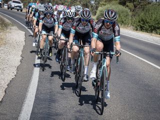 Team BikeExchange stretching out the peloton at the Santos Festival of Cycling during stage 1