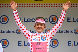 ISOLA 2000, FRANCE - JULY 19: Richard Carapaz of Ecuador and Team EF Education - EasyPost celebrates at podium as Polka Dot Mountain Jersey winner during the 111th Tour de France 2024, Stage 19 a 144.6km stage from Embrun to Isola 2000 - (2022m) / #UCIWT / on July 19, 2024 in Isola 2000, France. (Photo by Dario Belingheri/Getty Images)