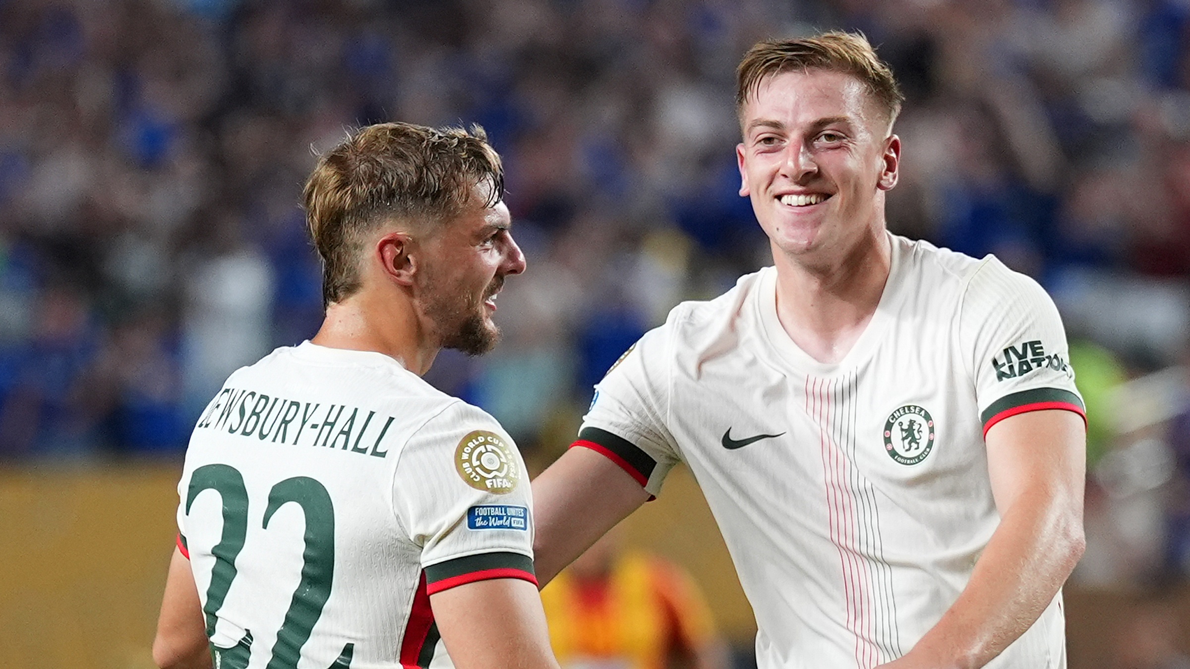 Liam Delap celebrates his first goal for Chelsea Football Club with teammate Kiernan Dewsbury-Hall.