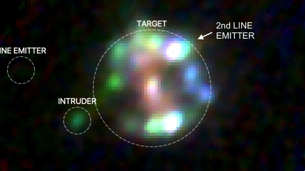 A pixelated image of a glowing circle of colors.