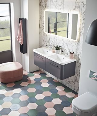 modern colourful bathroom with double sink and vanity unit