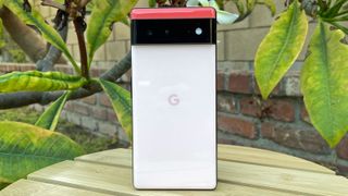 The Google Pixel 6 facing away from the camera, stood up on a table.
