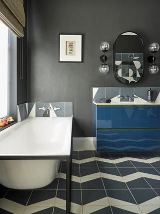 Blue and grey bathroom with patterned floor tiles