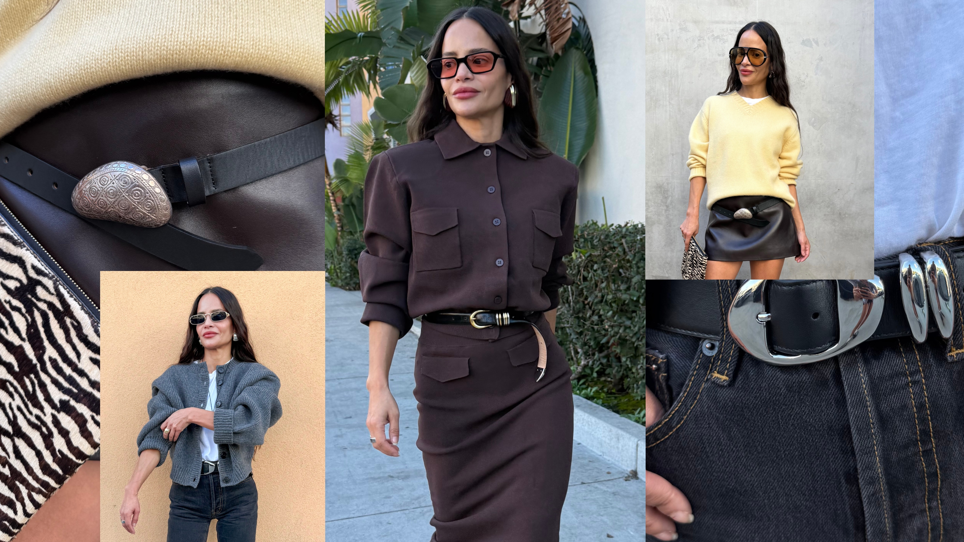 collage of Sophie Lopez wearing belts